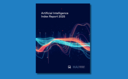 On y voit le titre du rapport : Artificial Intelligence Index Report 2025. La couverture est bleu foncé avec le titre en blanc centré. En arrière-plan, un motif abstrait de lignes et points représentant un réseau ou un circuit électronique.