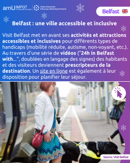 Visit Belfast : photo d'une ville accessible et inclusive (une dame malvoyante prenant les transports en commun avec son chien)