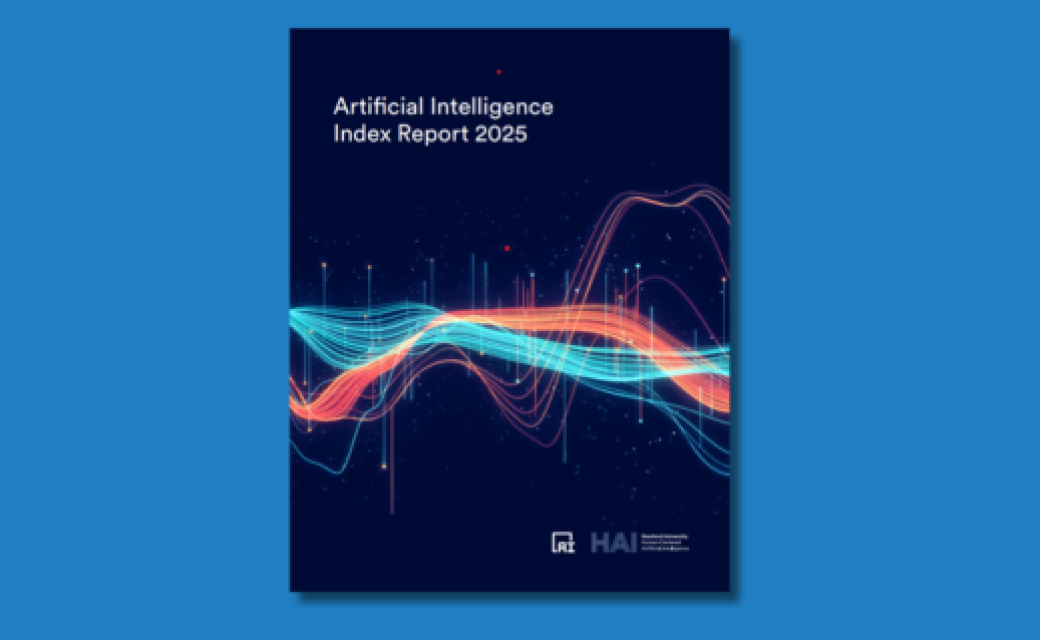 On y voit le titre du rapport : Artificial Intelligence Index Report 2025. La couverture est bleu foncé avec le titre en blanc centré. En arrière-plan, un motif abstrait de lignes et points représentant un réseau ou un circuit électronique.