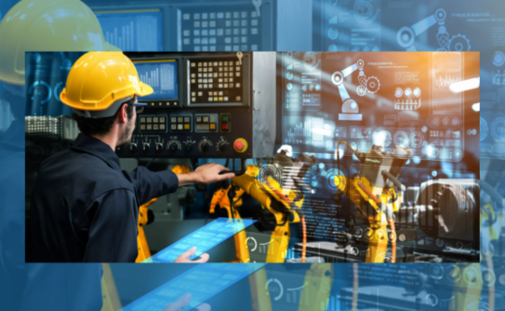 Un opérateur travaillant dans une "usine du futur" (illustration Blue Planet Studio)