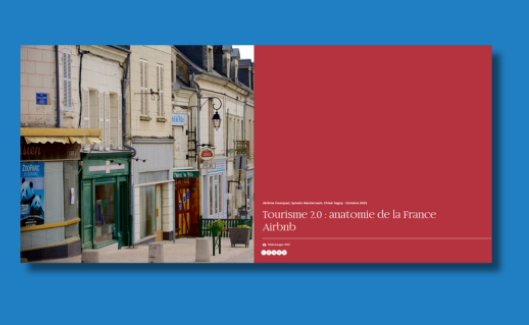 Couverture du rapport Tourisme 2.0 : anatomie de la France Airbnb  par l'institut terram. On y voit une photo d'une rue commerçante. 